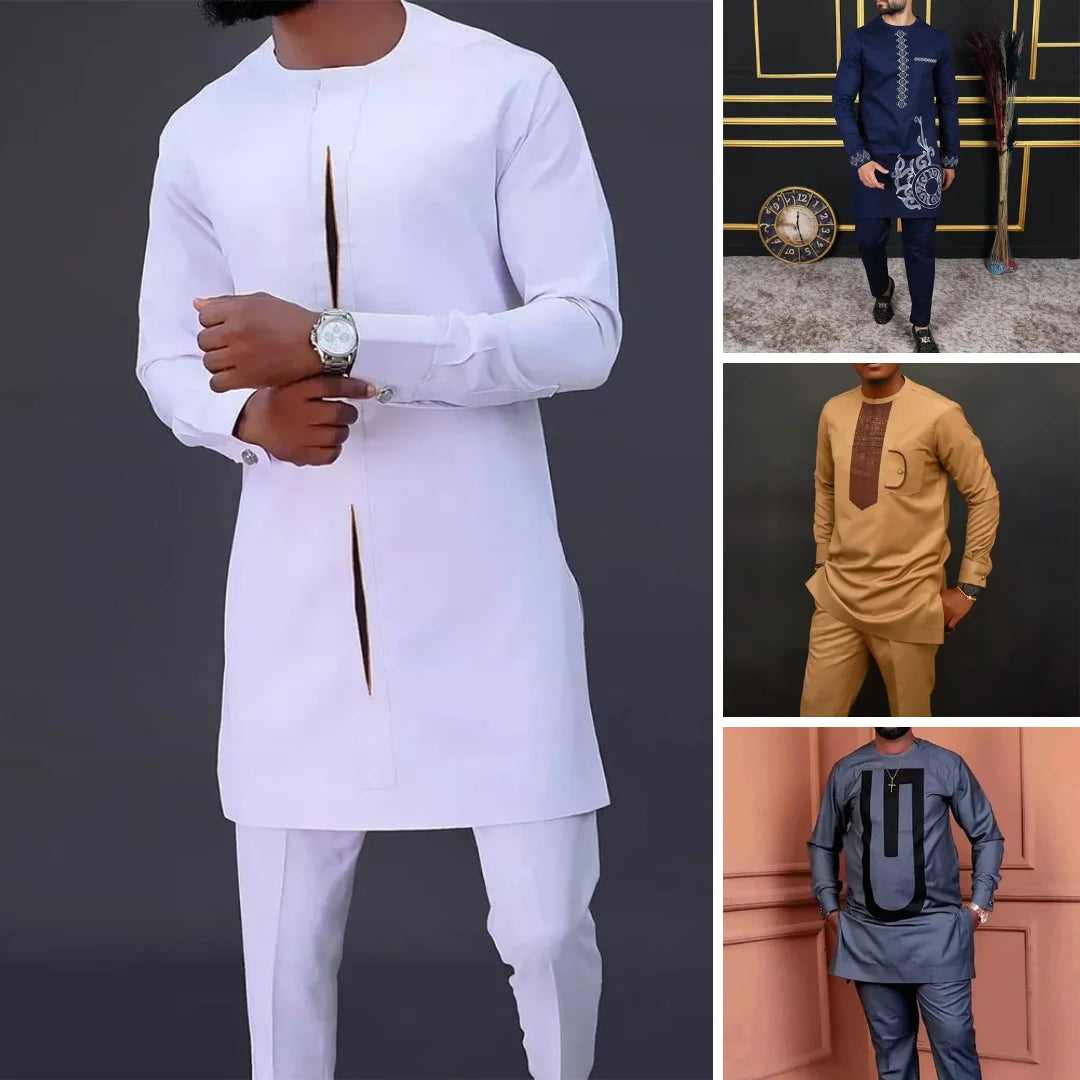 Men Dashiki Long Clothes Shirt White Trouser Set