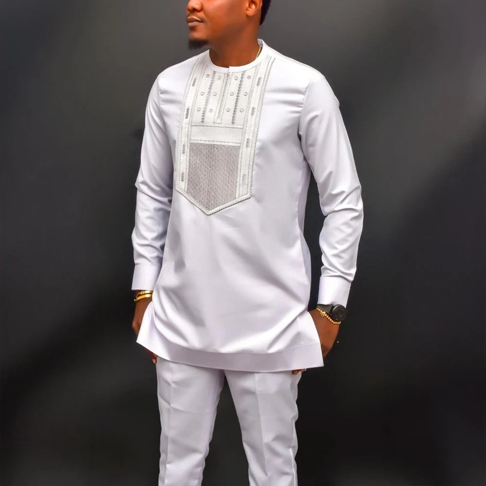 Men Dashiki Long Clothes Shirt White Trouser Set