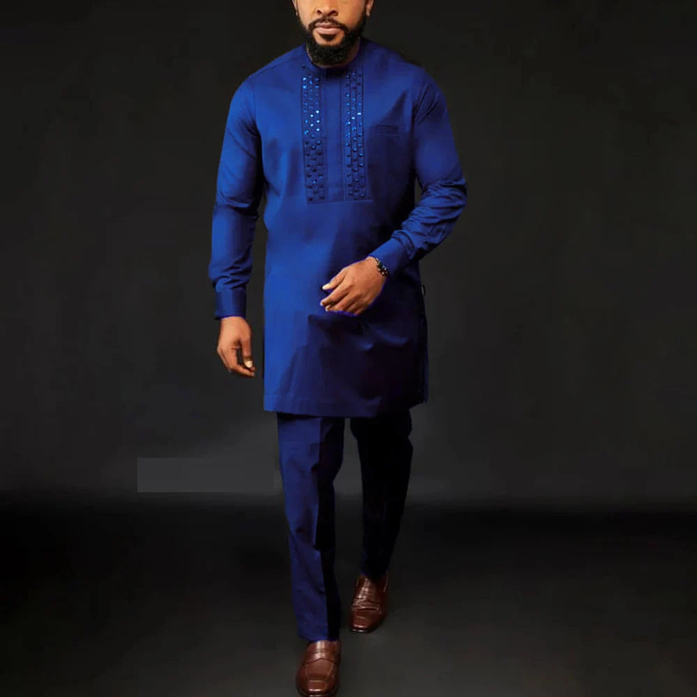 Men Dashiki Long Clothes Shirt White Trouser Set