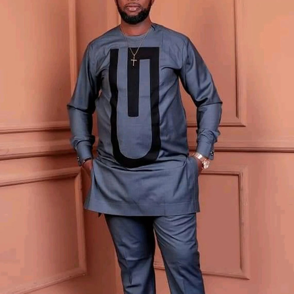 Men Dashiki Long Clothes Shirt White Trouser Set