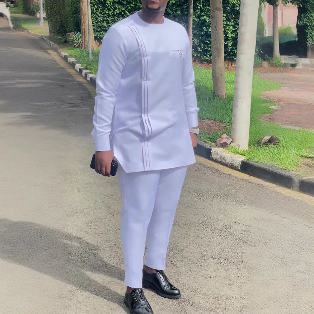 Men Dashiki Long Clothes Shirt White Trouser Set