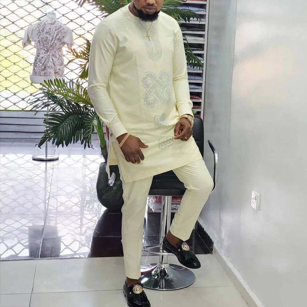 Men Dashiki Long Clothes Shirt White Trouser Set
