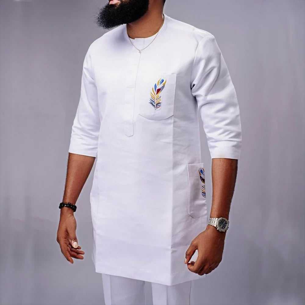 Men Dashiki Long Clothes Shirt White Trouser Set