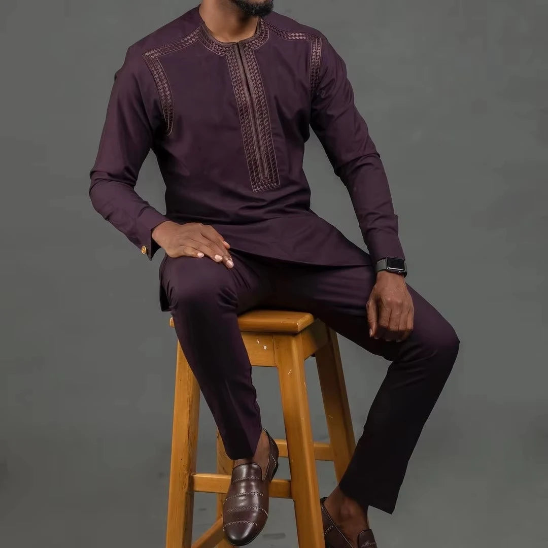 Men Dashiki Long Clothes Shirt White Trouser Set