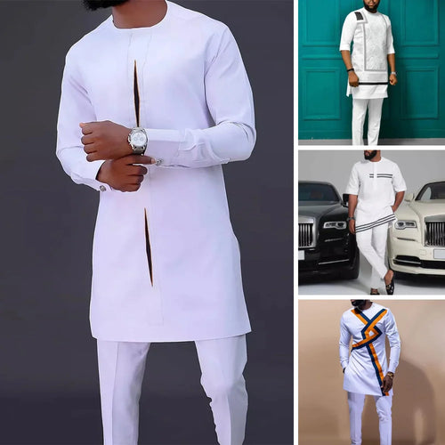 Men Dashiki Long Clothes Shirt White Trouser Set