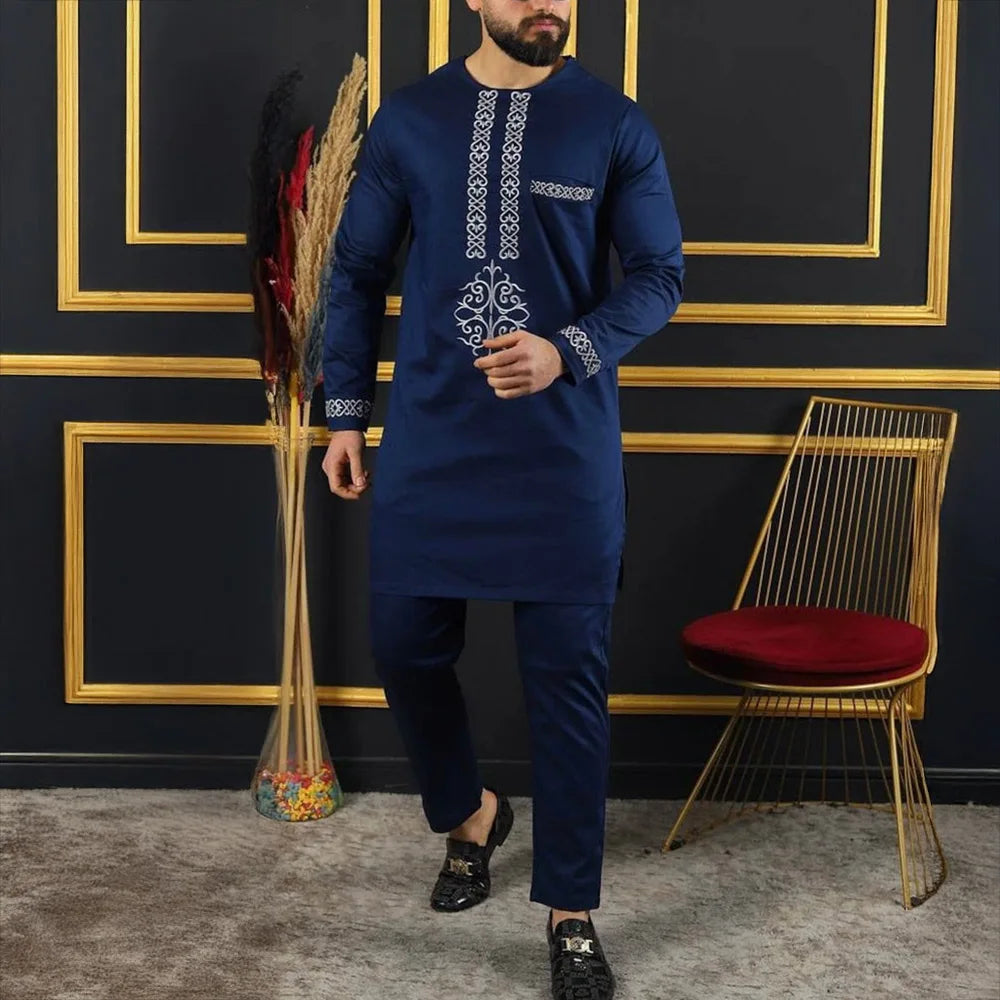 Men Dashiki Long Clothes Shirt White Trouser Set