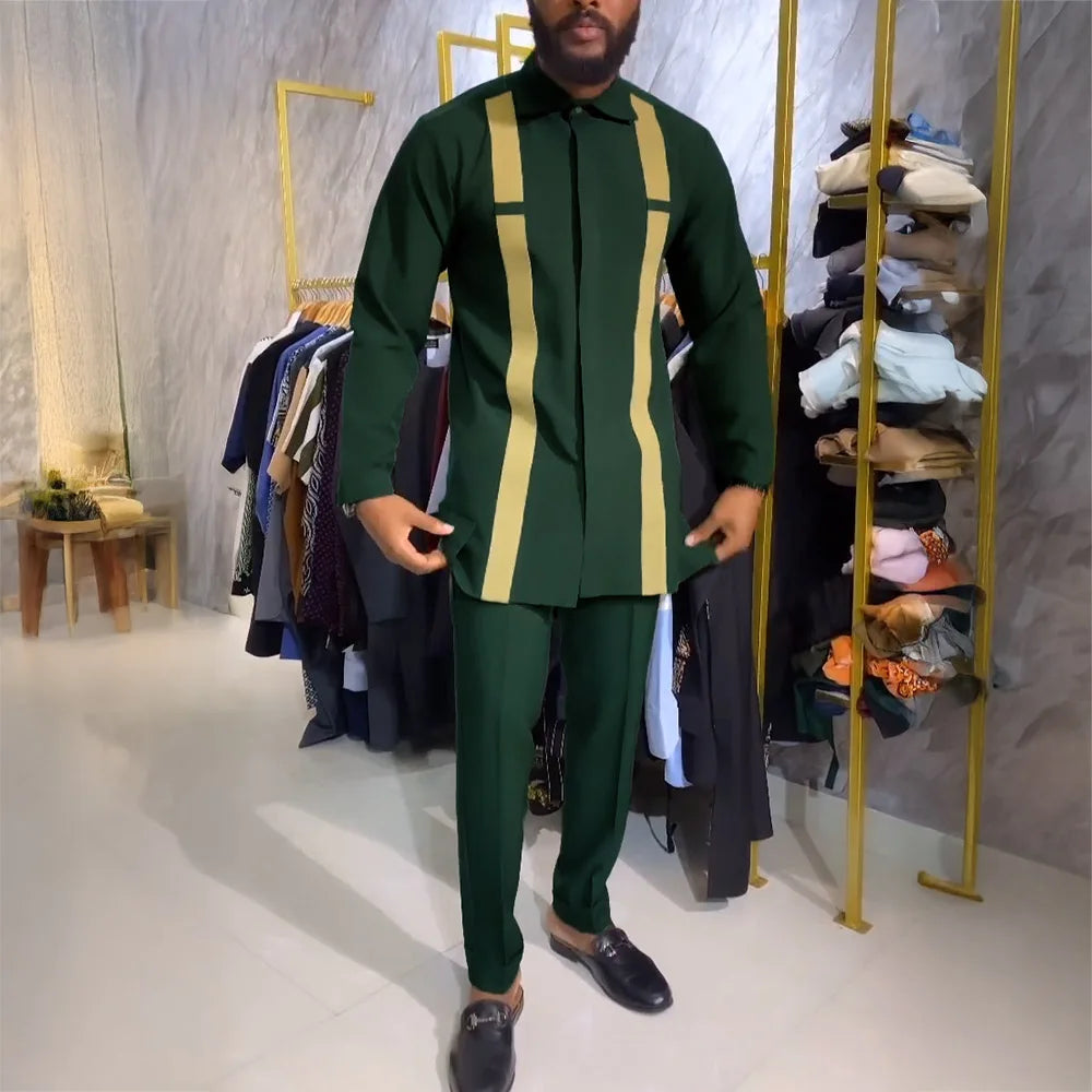 Men Dashiki Long Clothes Shirt White Trouser Set