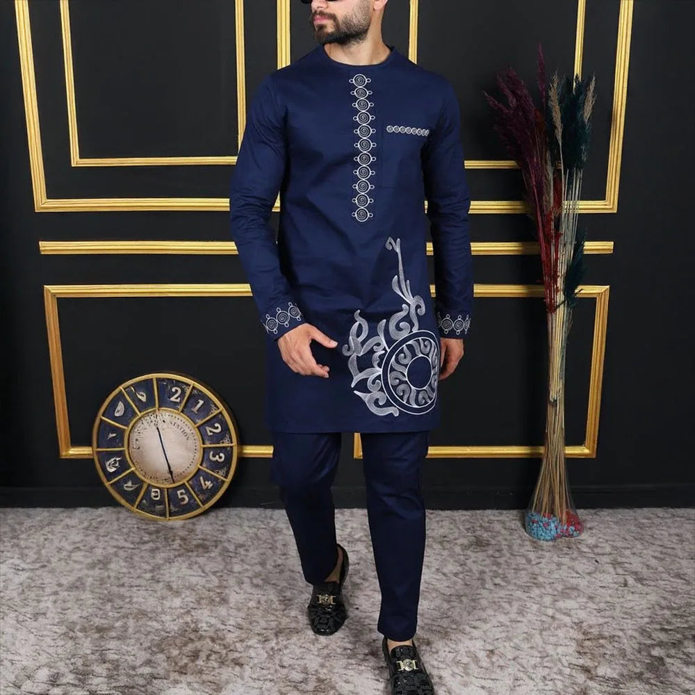 Men Dashiki Long Clothes Shirt White Trouser Set