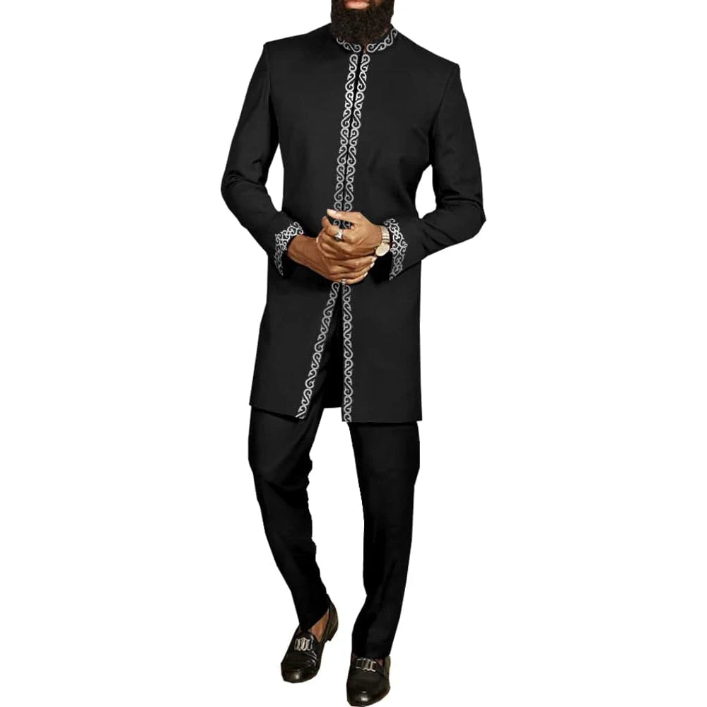 Men Dashiki Long Clothes Shirt White Trouser Set