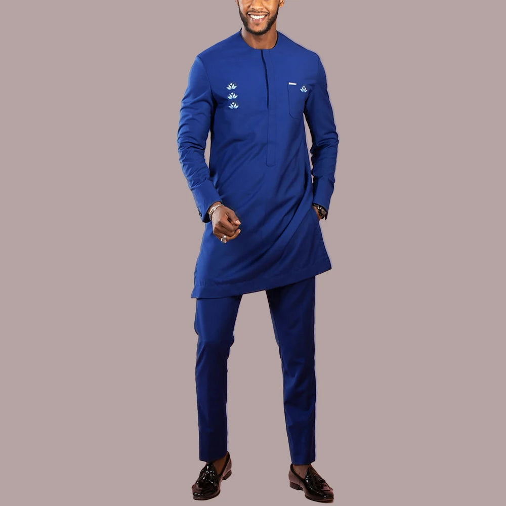Men Dashiki Long Clothes Shirt White Trouser Set