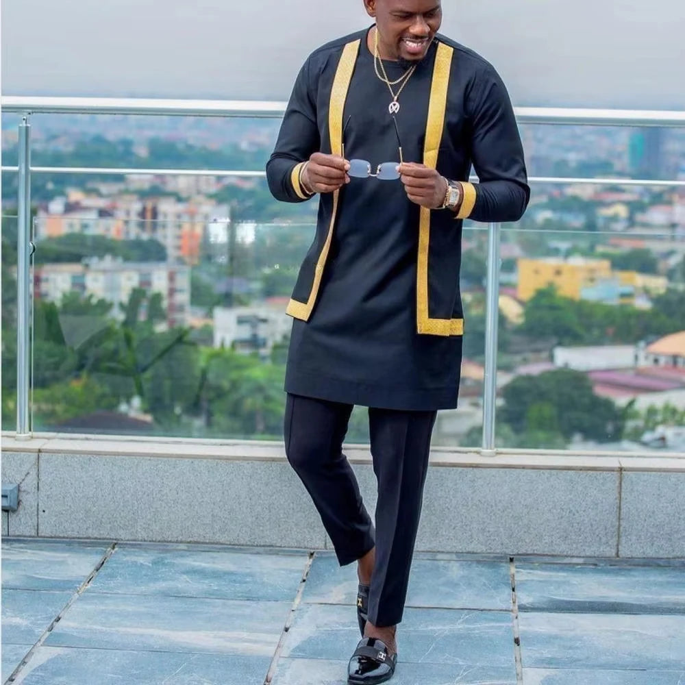 Men Dashiki Long Clothes Shirt White Trouser Set