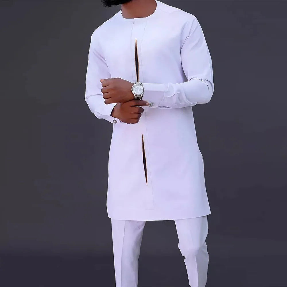 Men Dashiki Long Clothes Shirt White Trouser Set