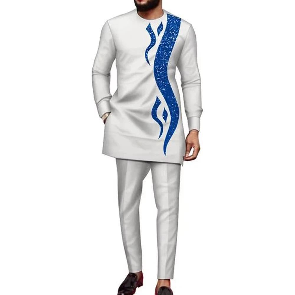 Men Dashiki Long Clothes Shirt White Trouser Set