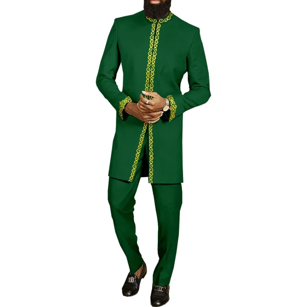 Men Dashiki Long Clothes Shirt White Trouser Set