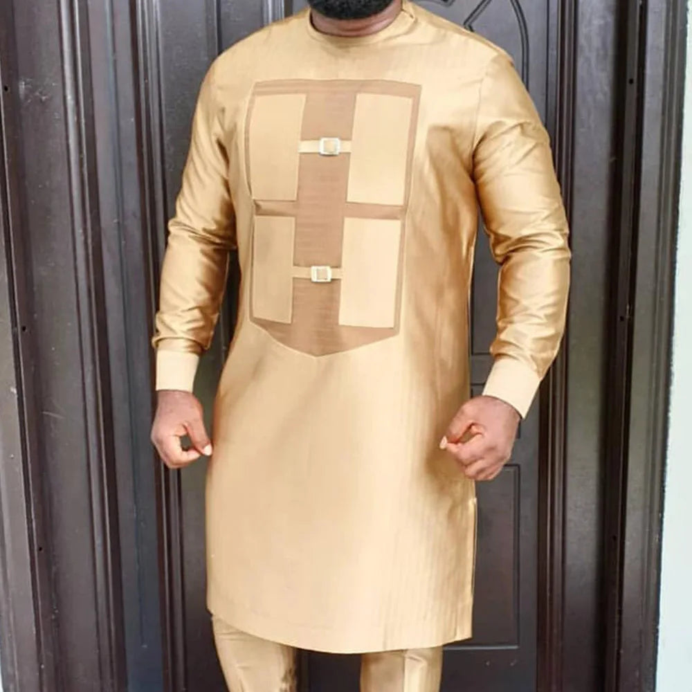 Men Dashiki Long Clothes Shirt White Trouser Set